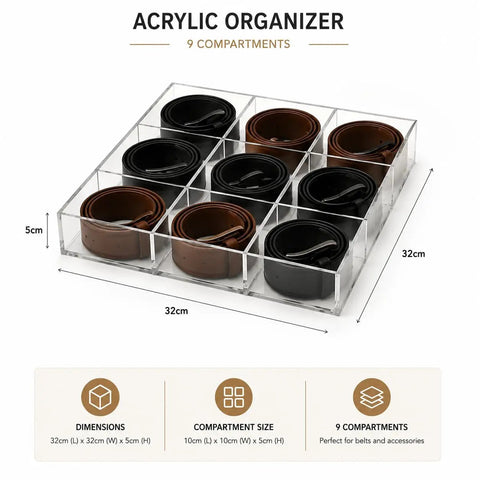Keep Your Gear Legit With This Stackable Acrylic Belt Organizer featuring nine roomy compartments for belts, ties and wallets.