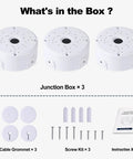 Universal Security Camera Junction Box Plastic Cable Management Box 3-Pack Fits Most Cameras Up To 4.3 Inches Dome Turret And Bullet Styles, Keeps Wires Neat And Protected For Indoor Or Outdoor Installations. Kit with 3 white plastic junction boxes, grommets, screws, and guide