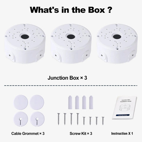 Universal Security Camera Junction Box Plastic Cable Management Box 3-Pack Fits Most Cameras Up To 4.3 Inches Dome Turret And Bullet Styles, Keeps Wires Neat And Protected For Indoor Or Outdoor Installations. Kit with 3 white plastic junction boxes, grommets, screws, and guide