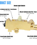 Premium Solid Brass Disc And Drum Brake Proportioning Valve PV2 Style with port details and dimensions for Chevy classic cars.