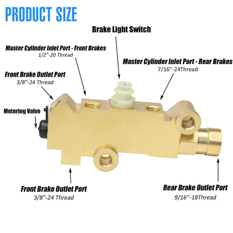 Premium Solid Brass Disc And Drum Brake Proportioning Valve PV2 Style with port details and dimensions for Chevy classic cars.