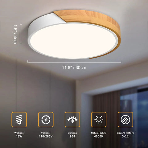 Sleek Modern LED Ceiling Light Fixture With Wood Style Flush Mount Circular Acrylic Lampshade 11.8 Inch Diameter