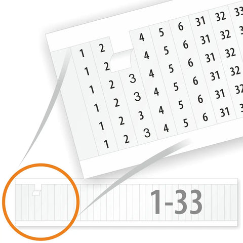 Close-up of wire marker cards 1 to 33 electrical labels vinyl cloth 1.5 inch by 0.25 inch removable stickers showing detail and design.