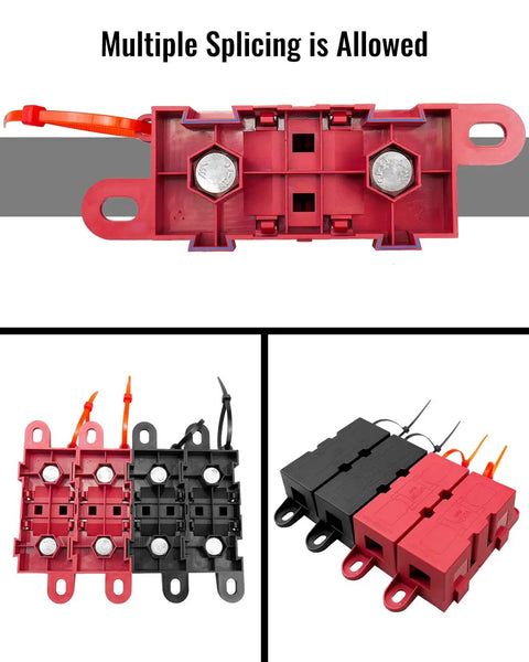 Beefy 500 Amp M8 Bolt On Fuse Holder With Heavy Duty Circuit Protection For Rough Automotive And Industrial Wiring Upgrades, red and black fuses, splicing allowed.
