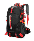 40L Water Resistant Travel Backpack For Camping And Hiking, weatherproof daypack in black and red, rugged outdoor gear