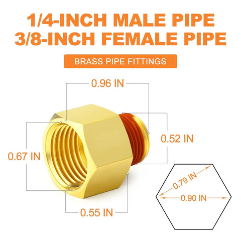 Five Piece Beefy Brass Pipe Fitting Reducer Adapter Set Three Eighths Inch Female To One Quarter Inch Male dimensions chart
