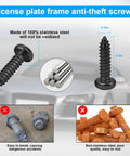 Anti Theft License Plate Screws Kit in Rustproof Stainless Steel for Cars and Trucks, includes anti-theft fasteners and nuts.