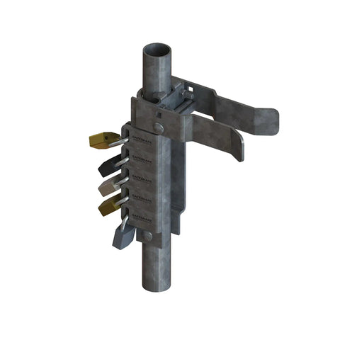 Heavy Duty Multi Lock Gate Latch For Chain Link Fences Secures Up To Five Padlocks, showcasing multi padlock system on a metal pole.