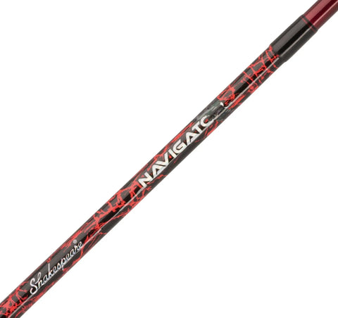 Close-up of the Navigator Spincast Fishing Combo 6 Ft Two Piece Rod, showing blue and red color mix and part of the logo.
