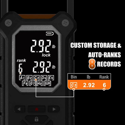 Close-up of Tournament-Ready Digital Fishing Scale With Auto Rank And 8 Storage Slots showing 2.92 lb weight on backlit LCD.