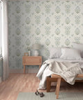 Premium Floral Meadow Wallcovering With A Subtle Matte Linen Texture Hits Different Across Every Room in a bedroom with light wood decor.