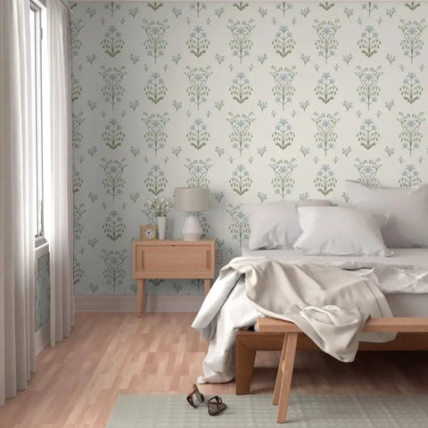 Premium Floral Meadow Wallcovering With A Subtle Matte Linen Texture Hits Different Across Every Room in a bedroom with light wood decor.