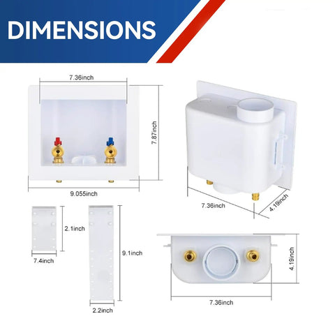 Heavy Duty Washing Machine Outlet Box dimensions with PEX crimp inlet, MHT outlet, plastic body, lead-free brass valves, UPC certified