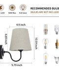 Dimensions of Set Of 2 Industrial Wall Sconces With Beige Fabric Shades, Black Finish, E26 base, recommended bulb types shown