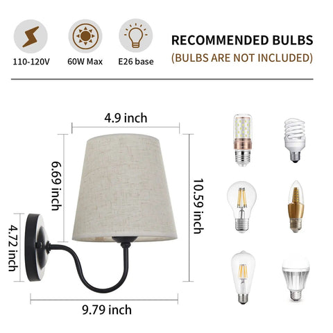 Dimensions of Set Of 2 Industrial Wall Sconces With Beige Fabric Shades, Black Finish, E26 base, recommended bulb types shown