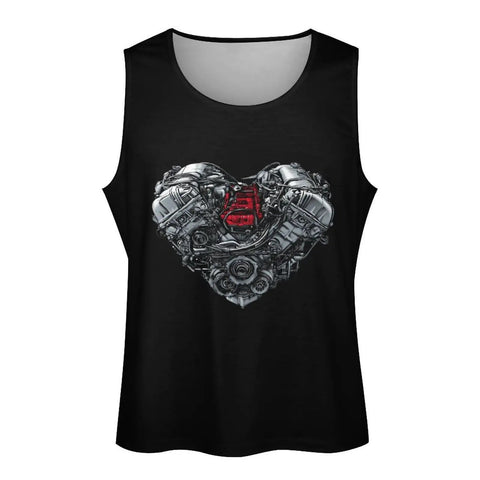 Mens Graphic Tank Top Featuring A Dope Heart Shaped Car Engine Print on a black sleeveless shirt in 5XL size.