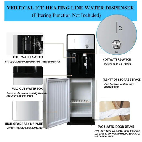 Freestanding Floor Loading Water Cooler With Instant Ice Cold And Piping Hot Settings Smooth Push Button Operation, hot and cold water switches visible.