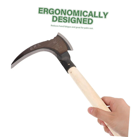 A hand holding a multipurpose manganese grass sickle with handle ergonomic gardening tool for weeding cutting and harvesting.
