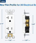 50 Pack Decora Outlet 20 Amp Tamper Resistant Wall Socket White Thermoplastic Receptacle side view with dimensions shown.