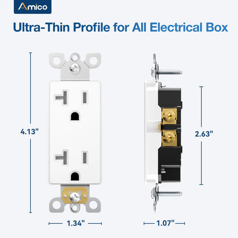 50 Pack Decora Outlet 20 Amp Tamper Resistant Wall Socket White Thermoplastic Receptacle side view with dimensions shown.