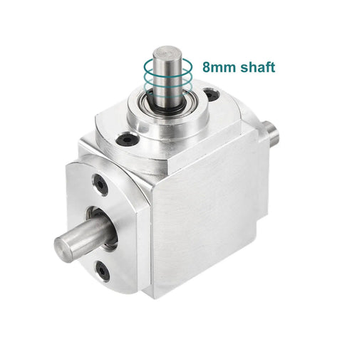 90 Degree Bevel Gearbox 1 to 1 Right Angle Gearbox with Dual Output Shafts 20 Tooth Bevel Gear 8mm Shaft Aluminum Frame