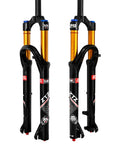 Gold 29 inch air suspension front fork with upgraded 34mm stanchions and manual lockout for MTB XC AM bikes, side view.