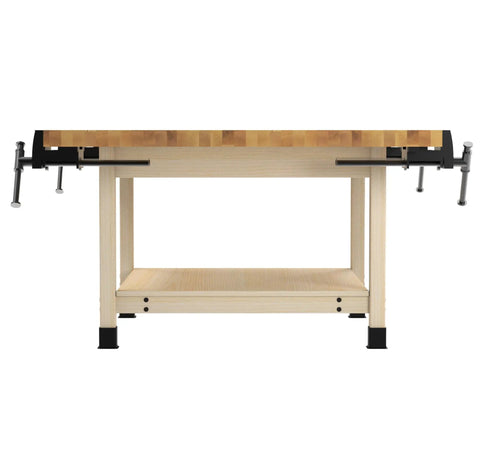 Solid Heavy Duty Student Workshop Table With Four Built In Bench Vises And Spacious Lower Shelf, Light Hardwood Working Platform, Chemical Resistant Finish, No Nonsense Classroom Trade Desk Built Tough For Hands On Learning, showing side view with vises.