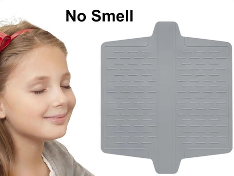 Double Sink Mat Protector With 36 Suction Cups No Odor No Stains Super Soft Divider Pad and smiling girl.