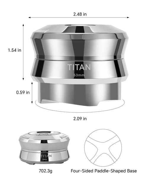 Premium Espresso Gravity Distributor Tool Full Metal Build With Smart Four Blade Base For Dead Flat Coffee Distribution, 53mm size.