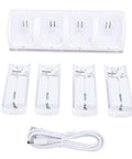 4 In 1 Remote Controller Charger Dock With 4x 2800mAh Batteries LED Display And 4.9ft USB Cable White ABS Build Charge Up To Four Controllers At Once For Gaming Consoles, showing dock, batteries, and USB cable.