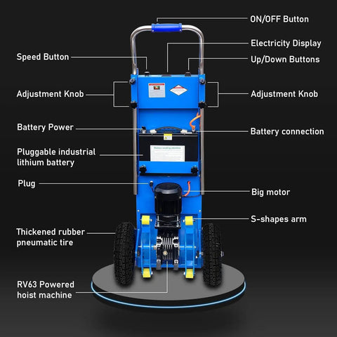 Heavy Duty Electric Stair Climbing Cart With 1500W Motor And 880LB Capacity, showing features like battery, motor, and controls.