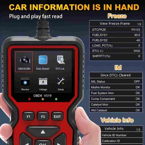 Go To All In One OBD2 Car Code Reader And Diagnostic Tool With Reset Mode 6 And Mode 8 IM Readiness Auto Check Engine Light Live Data VIN Retrieval And Battery Voltage For All OBD II Cars Since 1996 displaying interface and diagnostic info