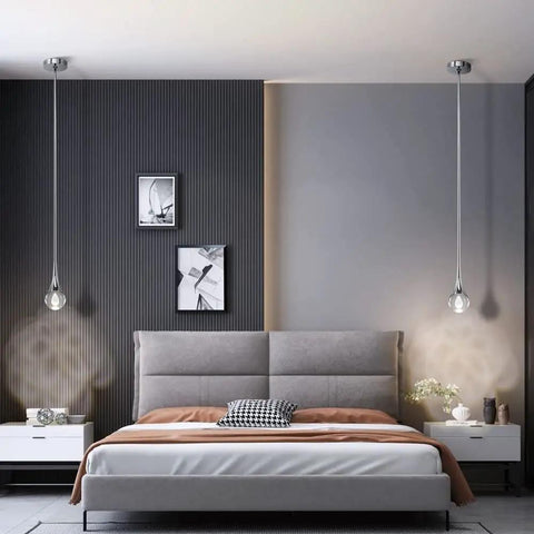 Modern bedroom with two Teardrop Crystal Chrome Globe Pendant Light Fixture One Light LED Mini Pendant For Kitchen Island Bar Dining Room And Bedroom Modern Chrome Crystal Droplet Chandelier For Lit Ambience Living Space hanging on either side of bed