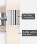 Close-up of Dual 14 Inch Modern Wall Sconce with chrome finish and frosted glass shades, linear 2-light bath vanity lighting.