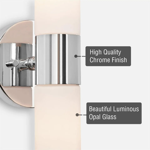 Close-up of Dual 14 Inch Modern Wall Sconce with chrome finish and frosted glass shades, linear 2-light bath vanity lighting.