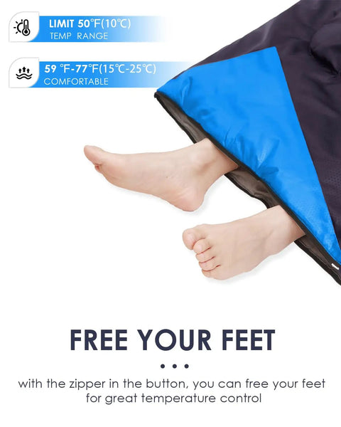 Roomy Three Season Sleeping Bag For Adults And Teens Lightweight Waterproof Cold Weather Camping Gear opened at feet