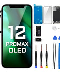 Iphone 12 Pro Max 6.7 Inch LCD Screen Replacement Kit With 3D Touch Digitizer Full Assembly Ear Speaker Proximity Sensor And Waterproof Adhesive Repair Tools A2342 A2410 A2411 A2412 displayed with included tools
