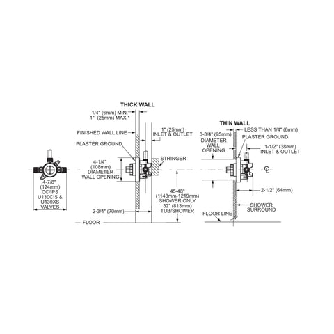 Diagram of MCORE 3 Port Shower Mixing Valve With Crimp Ring PEX Connections And Integrated Stops installation dimensions.
