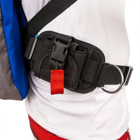 Close-up of Hydro Lite BC Ultralight Travel Harness BCD With 30 Lb Lift Aircell for Scuba Divers, side view of harness buckle