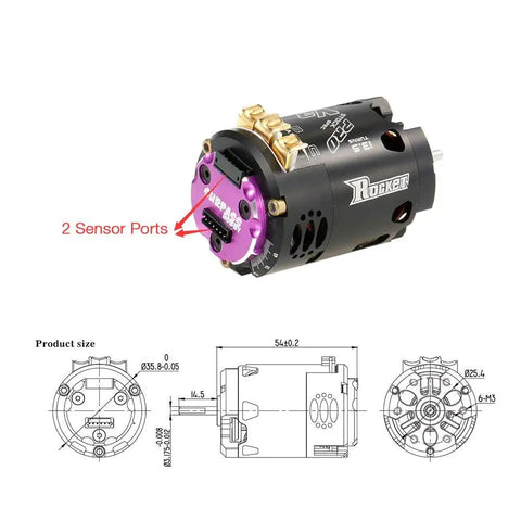 Beefy Rocket V3 540 13.5T 3200KV Sensored Brushless RC Motor showing dual sensor ports and CNC aluminum heatsink with technical diagram