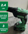 Close-up of 18V MultiVolt cordless drywall screw gun with high-speed 0-5,000 RPM, lightweight ergonomic design, 3 modes