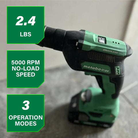 Close-up of 18V MultiVolt cordless drywall screw gun with high-speed 0-5,000 RPM, lightweight ergonomic design, 3 modes