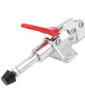 Four Pack Heavy Duty Push Pull Toggle Clamps With Beefy Hold And 99 Pound Load Rating 190 Degree Angled Handle showing a steel clamp with red lever.