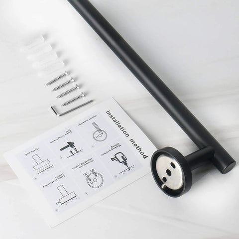 Close-up view of Matte Black 16 Inch Stainless Steel Bath Towel Bar Rack Wall Mounted With 13 Inch Usable Hanging Space and install kit