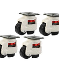 Smooth Rolling Heavy Duty 4 Pack Swivel Casters With Adjustable Leveling Feet And Rock Solid Flat Base Plates Built Just For Utility Workbenches And Serious Shop Furniture Projects, showing four durable 360-degree rotating wheels.