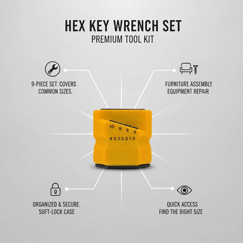 Top Notch 9 Piece Hex Key Wrench Set With Durable PVC Case For Easy Furniture Assembly, Home Repair Projects, And Equipment Maintenance Keeping All Tools Secure And Organized So You Can Get The Job Done Fast Without Losing Any Bits, yellow case