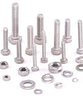 Front view of assorted stainless steel hex bolts, nuts and washers in multiple sizes