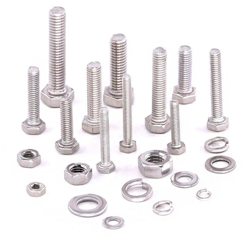 Front view of assorted stainless steel hex bolts, nuts and washers in multiple sizes