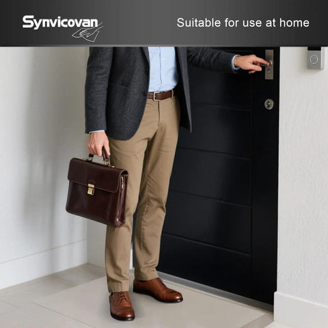 Man in business attire opening a door, holding a briefcase, showcasing a modern entrance for home use.