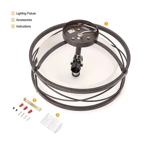 Semi Flush Mount Ceiling Light For Farmhouse Hallway And Kitchen, Retro Vintage Metal Cage Drum Fixture With E26 Base, Bronze Finish, Open Cage Shade, Modern Rustic Home Lighting parts including lighting fixture, accessories, and instructions.